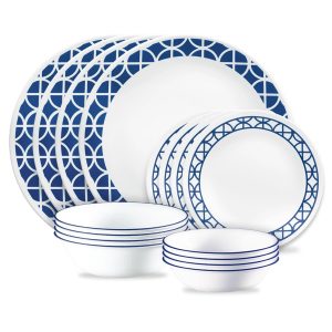 Corelle  Cobalt Circles 16-piece Mugless Dinnerware Set. Service of 4